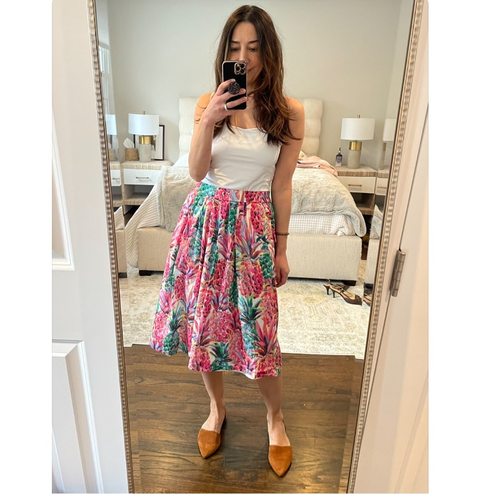 J. Crew Pink Tropical Print Midi Skirt